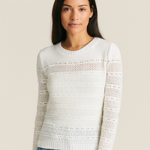 Talbots White Crew Neck Sweater with Open-Weave Pattern 100% cotton long sleeves - Picture 1 of 6